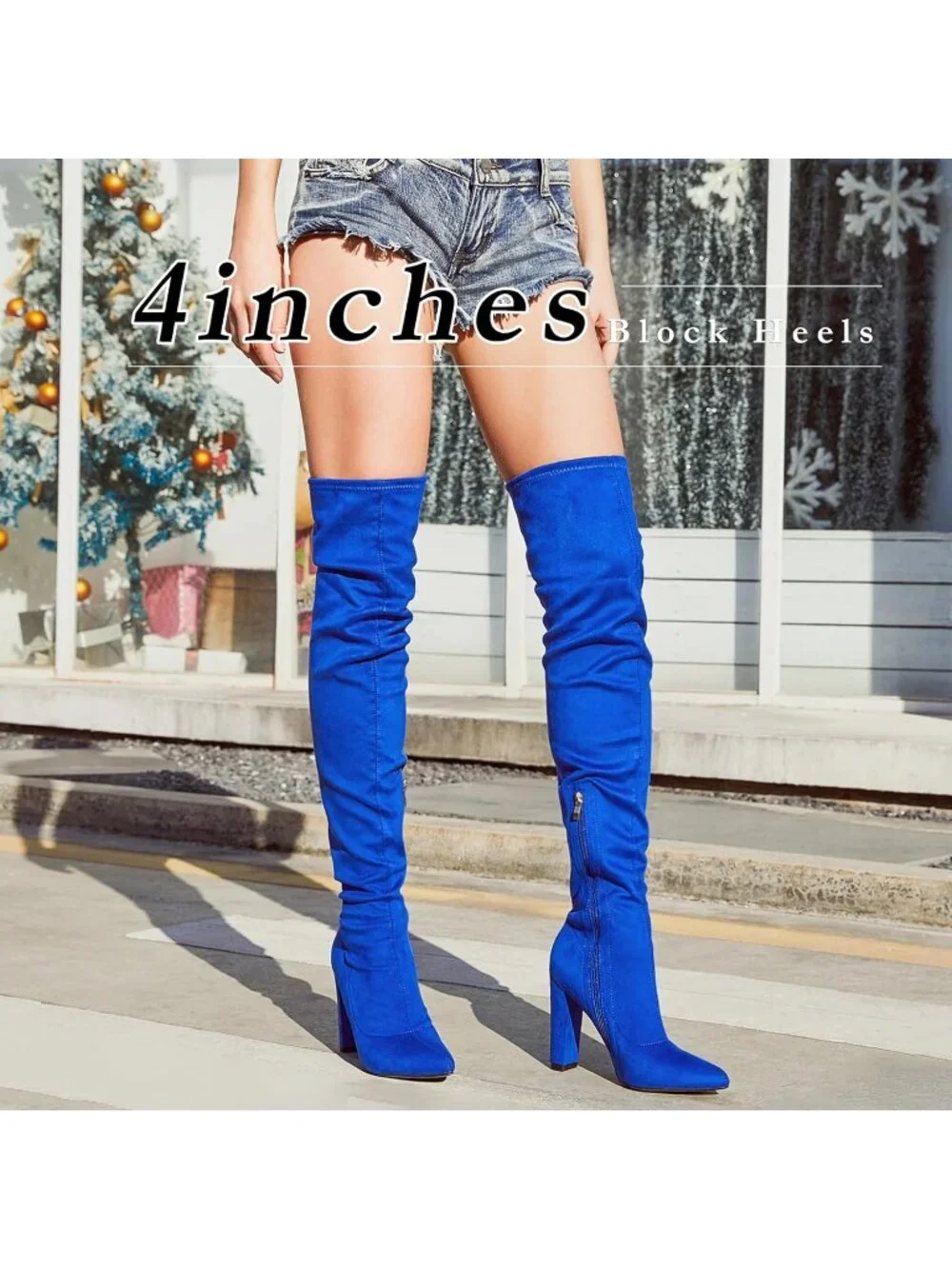 🆕 Women's Blue Faux Suede Pointed Toe Chunky Block Heel Over The Knee Boots